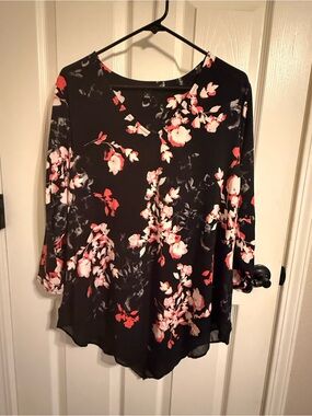 Alfani XL Black Floral Asymmetrical Chiffon Hem Blouse Top